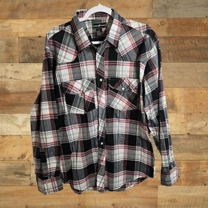 Casual Country Red Gray Black Plaid Western Snap Shirt Men’s XL